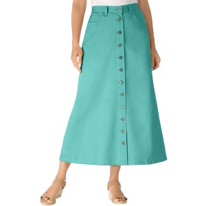 Woman Within Plus Size Petite Perfect Cotton Button Front Denim Skirt - 1 of 4