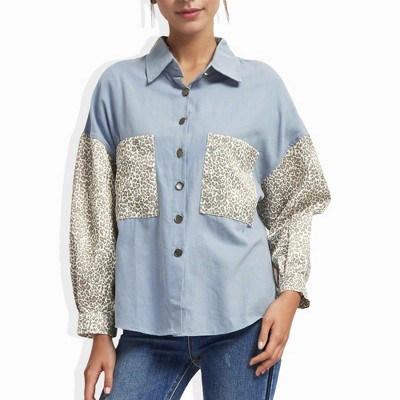 Anna-Kaci Women's Contrast Leopard Button Down Denim Shirts Long Sleeve Boyfriend Light Jacket with Two Pockets