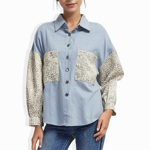 Anna-Kaci Women's Contrast Leopard Button Down Denim Shirts Long Sleeve Boyfriend Light Jacket with Two Pockets - 1 of 4