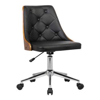 Diamond Mid-Century Office Chair in Chrome finish with Tufted Black Faux Leather and Walnut Veneer Back - Armen Living