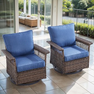 POCASSY High Back Outdoor Swivel Rocker Set of 2, Brown Wicker Furniture Swivel Chair with 5-Inch Wide Armrest and Thick Cushion for Porch - 1 of 4