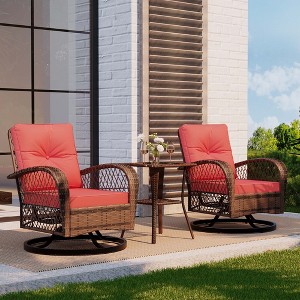 3 Pieces Outdoor Swivel Patio Rocking Chairs, Wicker Patio Bistro Furniture Set with Thickened Cushions and Tempered Glass Top Side Table for Porch - 1 of 4