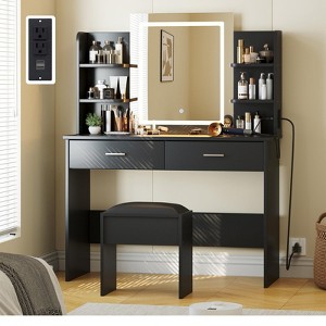 Vanity Desk with Mirror and Lights, Makeup Vanity Set w/Desk and Stool, Power Outlet, Makeup Vanity Desk with 6 Storage Shelves, 2 Large Drawers - 1 of 4