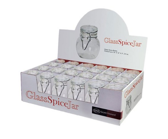 Grant Howard 3 Ounce Pot Belly Clear Glass Spice Jars With Clear Lids, Set Of 24