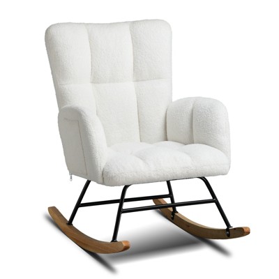 COMHOMA Modern Nursery Rocking Chair, Teddy Upholstered Glider Accent Chair with Side Pockets, High Backrest