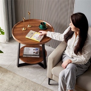 Round End Table, 19.69 IN Wood Tabletop & Black Metal Frame, 2-Tier Side Table for Living Room, Bedroom - 1 of 4
