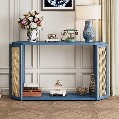 PAGED Arrow-Shaped Console Table with Woven Cane Panel, Ash Veneer Entryway Table with Open Shelf, Rattan Entryway Sofa Side Table