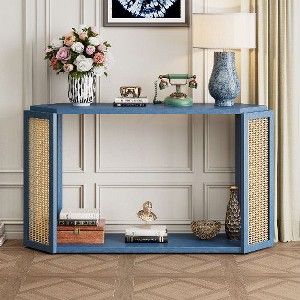 PAGED Arrow-Shaped Console Table with Woven Cane Panel, Ash Veneer Entryway Table with Open Shelf, Rattan Entryway Sofa Side Table - 1 of 4