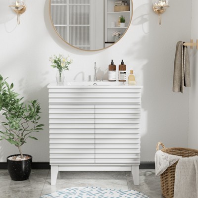 ROOMTEC 24 in. Bathroom Vanity with Ceramic Sink, Mid-Century Cabinet with 2 Soft-Close Doors, Freestanding, Wood Grain Laminate, Walnut