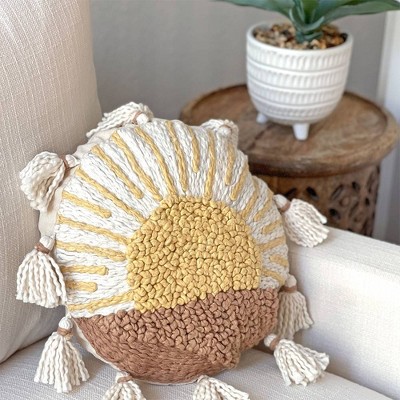 Round Embroidered Sunshine Kids Pillow with Tassels