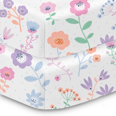 BreathableBaby Cotton Percale Fitted Sheet, For 52" x 28" Crib & Toddler Bed Mattress, Floral Marks (2-Pack)