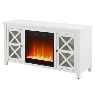 White 47 Inch TV Stand with Electric Fireplace and Glass Doors