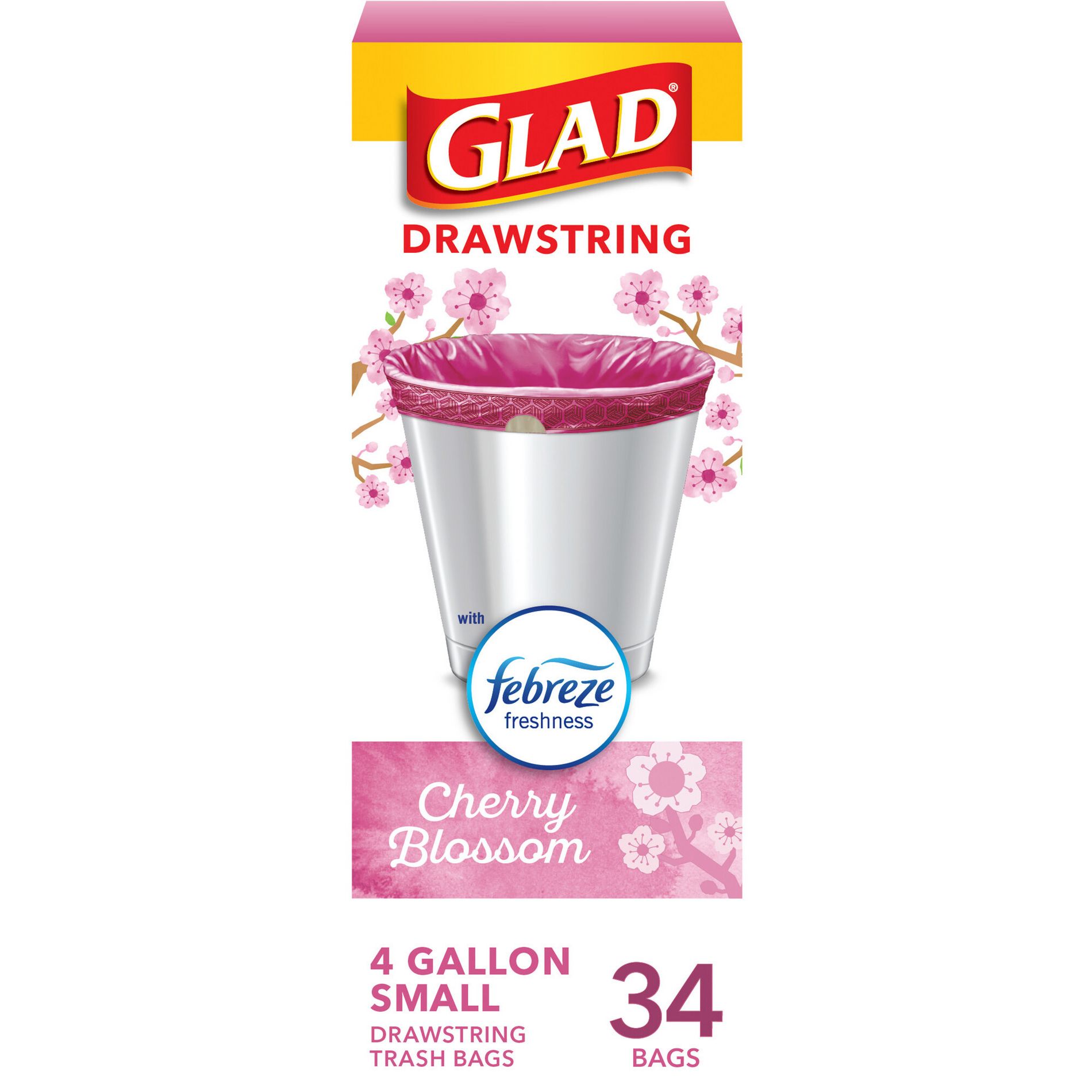 Glad Small Drawstring Trash Bags - Cherry Blossom - 34ct/4gal: Fresh Scented Plastic Bags with Gripping Drawstring