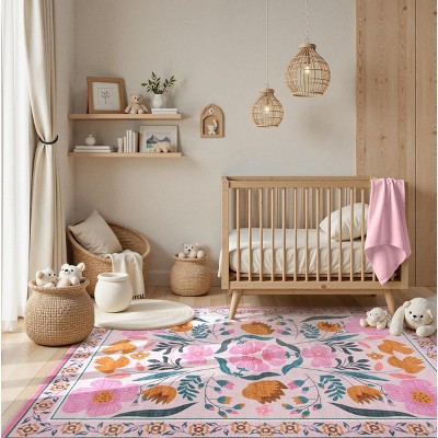Lahome Washable 8x10 Area Rugs for Bedroom, Floral Living Room Nursery Beige Rugs with Low Pile