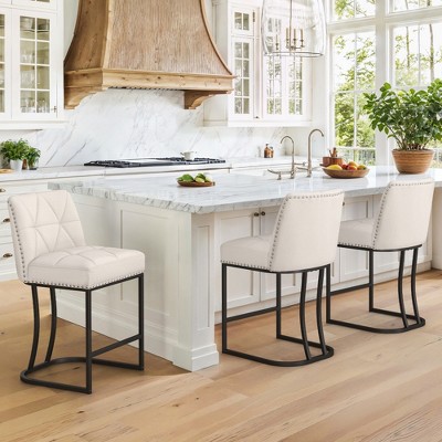 Arceso Bar Stools Set of 3, 24" Modern Counter Height Stools with 5.5" Thick Cushion and Nailhead, Upholstered Linen Fabric Barstools, Beige
