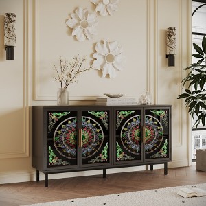 60.3" Stained Glass Decorative Cabinet with 4 Doors, Artistic Buffet Cabinet with Metal Iron Frame, Storage for Living Room, Bedroom - 1 of 4