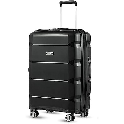 LUGGEX Checked Medium 24 Inch Luggage with Spinner Wheels, PP Lightweight Suitcase for Travel, Expandable, Black