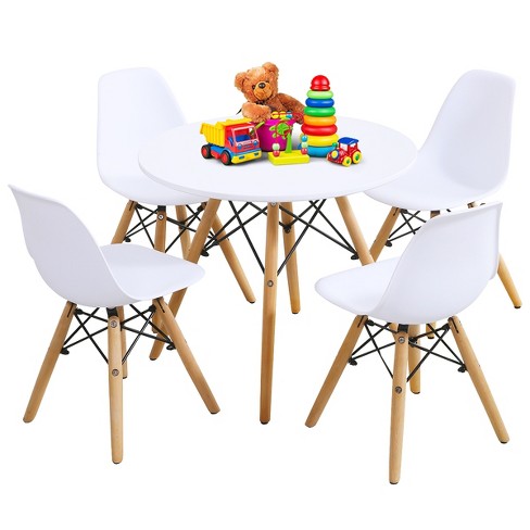 Tangkula Children Table 4 Chairs Set Solid Construction 5 Pcs Dining Table Toddler White
