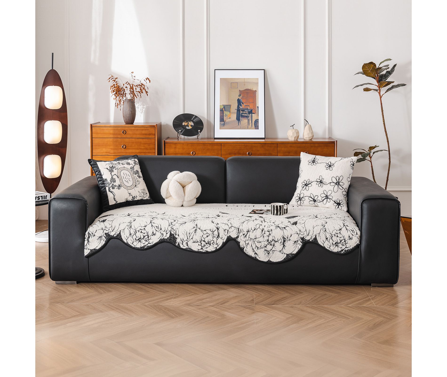 Bekrvio Floral Velvet Couch Cover, Anti-Slip, Washable, Pet-Friendly Sofa Mat for 4 Cushion Couch Protector Sofa Slipcover, 35'' x 82'', Black