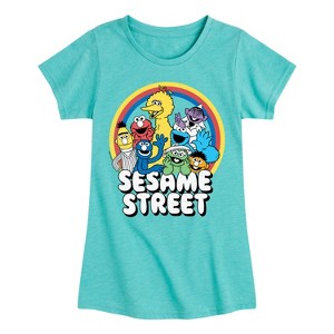 Girls' - Sesame Street - Group Rainbow Fitted Short Sleeve Graphic T-Shirt - 1 of 4