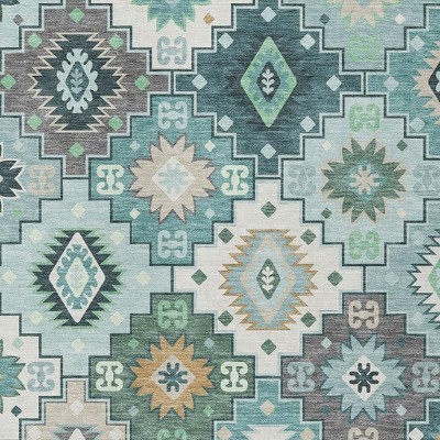 HomeRoots 3' X 5' Teal Blue Beige And Ivory Southwestern Washable Indoor Outdoor Area Rug