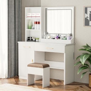 Gulches 32" Wide Makeup Vanity Desk with Light Mirror and Power Outlet, Dressing Table with Large Storage Space, Cushioned Stool for Bedroom & Studio - 1 of 4