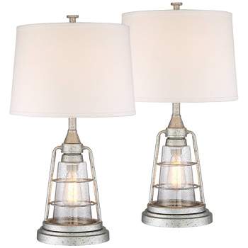 Franklin Iron Works Fisher 28 3/4" Tall Lantern Industrial End Table Lamps Set of 2 Night Light Silver Galvanized Finish Metal Living Room Bedroom