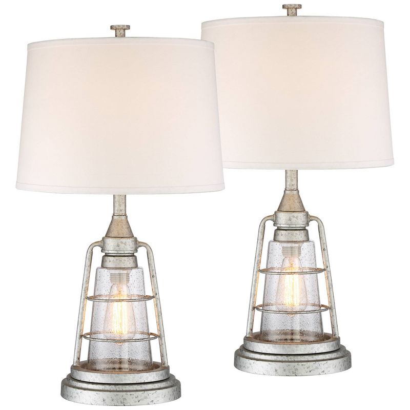 Franklin Iron Works Fisher 28 3/4" Tall Lantern Industrial End Table Lamps Set of 2 Night Light Silver Galvanized Finish Metal Living Room Bedroom, 1 of 8