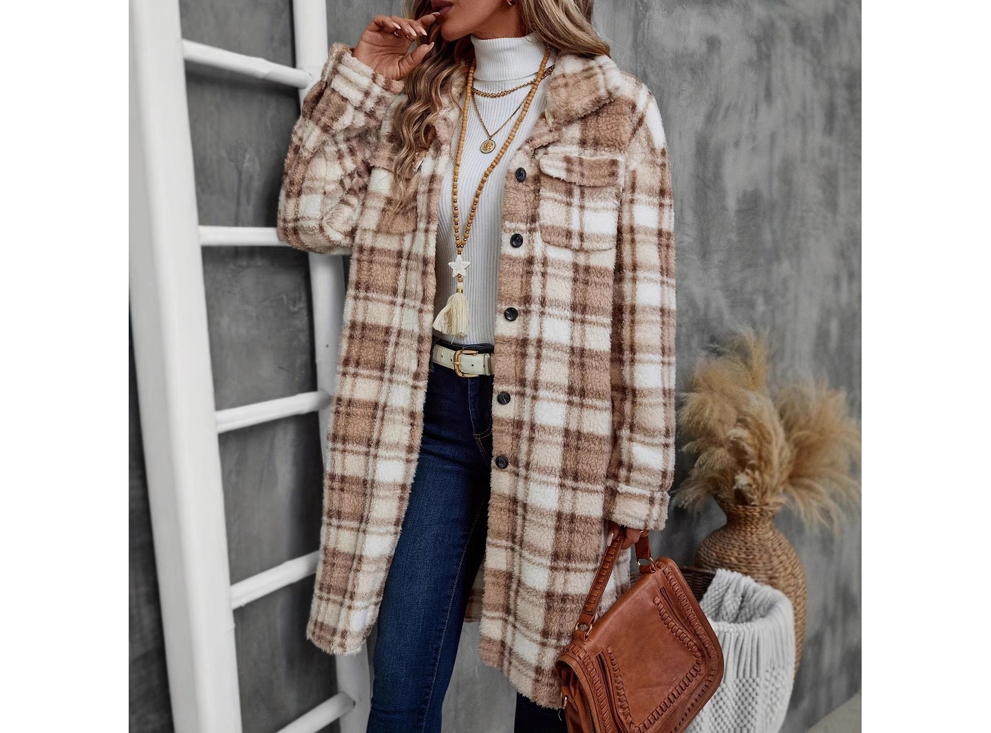 Женские кардиганы YesFashion Plaid Long Plush Button Down Cardigan Coat Fall Casual Collared Pockets Open Front Jacket Outerwear Camel — фото 1