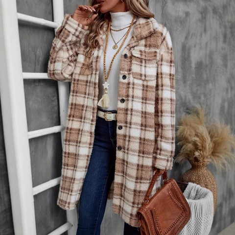 Женские кардиганы YesFashion Plaid Long Plush Button Down Cardigan Coat Fall Casual Collared Pockets Open Front Jacket Outerwear Camel