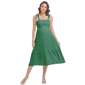Coolmee Women's Summer Maternity Midi Dress Smocked Tie Straps Ruffle Flowy Dresses Baby Shower Photoshoot Dark Green 2XL