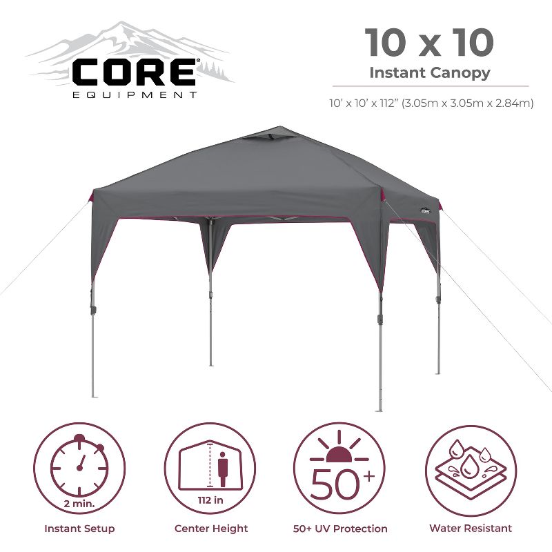 CORE Instant Canopy 10 x 10 Foot Outdoor Pop Up Shade Canopy Shelter Tent, Gray, 2 of 7