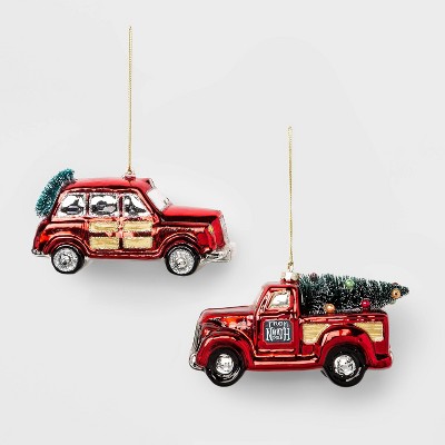 2ct Glass Christmas Tree Ornament Truck & Station Wagon Red - Wondershop™