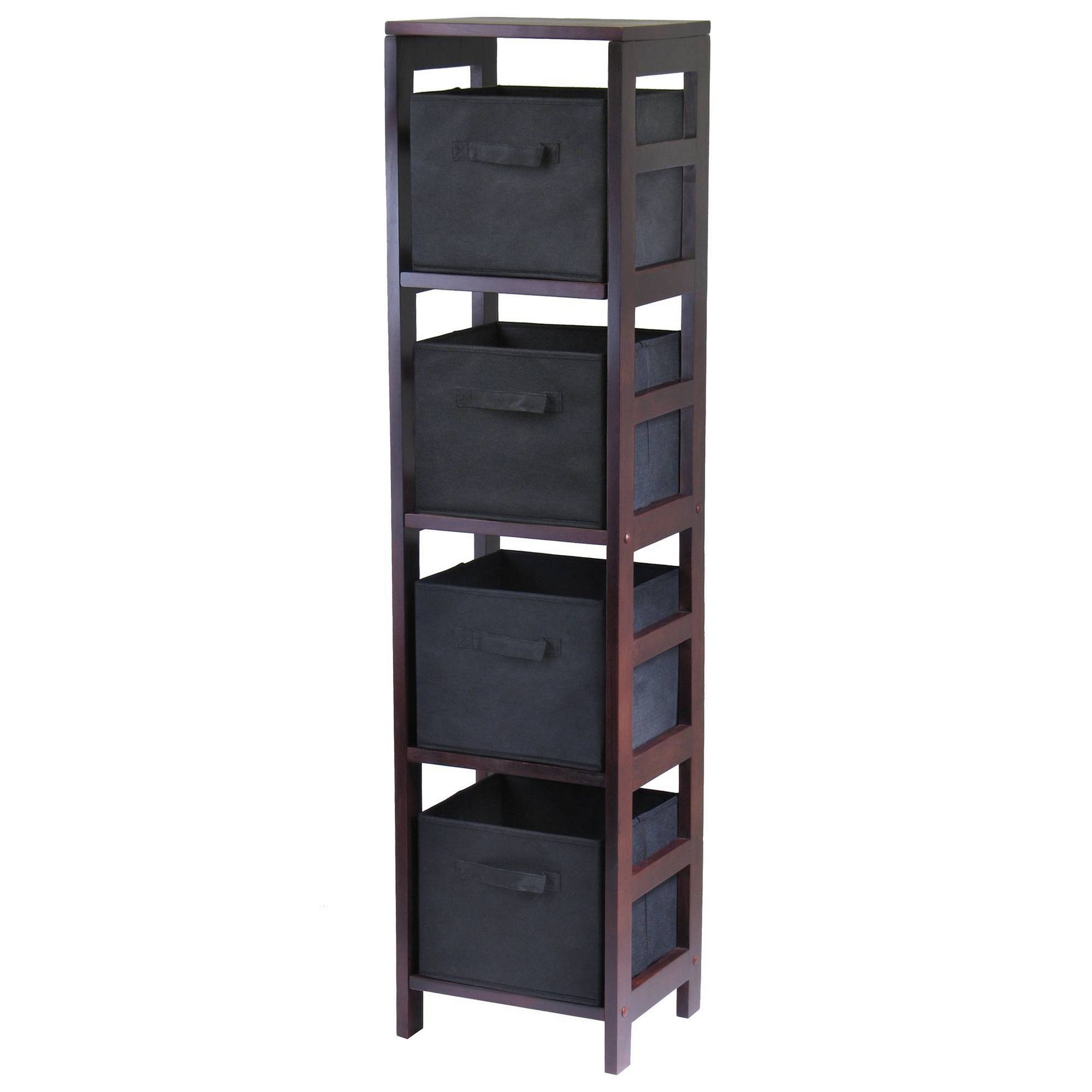 5pc Capri Set Storage Shelf with Folding Fabric Baskets Espresso/Black - Winsome: Mid-Century Modern, Wood Composite, 4-Tier