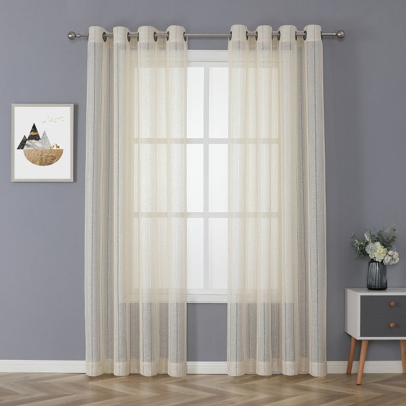 Kate Aurora 2 Piece Metallic Shimmer Chic Striped Flax Styled Sheer Grommet Top Curtains, 1 of 6