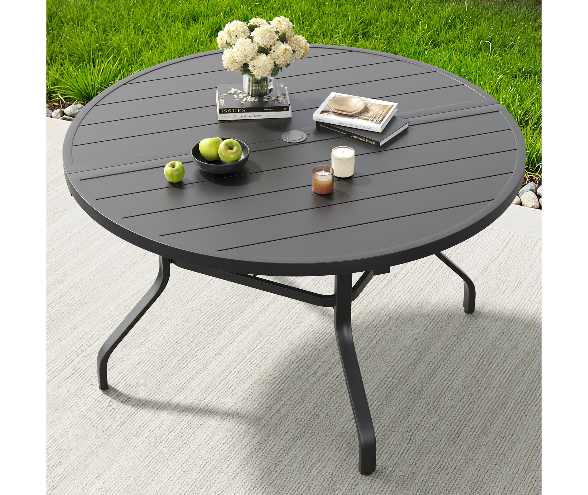 GDFStudio Raventon Round 47" Outdoor Metal Dining Table with Umbrella Hole and Slat Top, Black