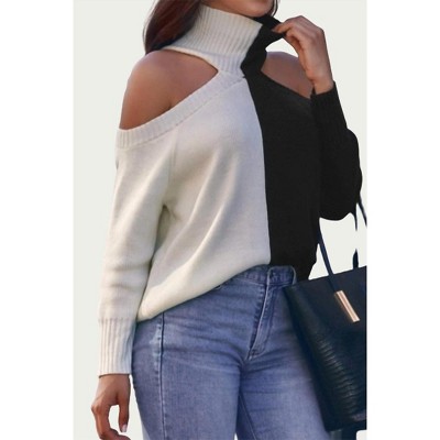 Women's COLD-SHOULDER TWO-TONE TURTLENECK SWEATER - TREND SHOP
