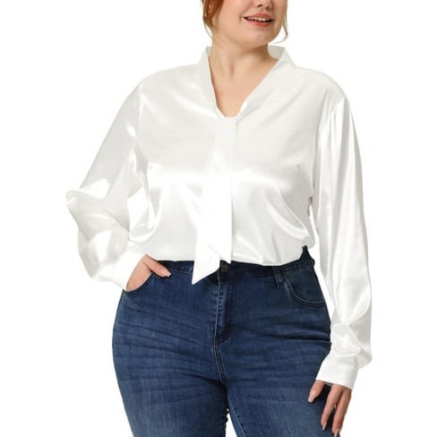 Agnes Orinda Women s Plus Size Office Formal Long Sleeve Tie Neck Satin Blouses White 3x Target