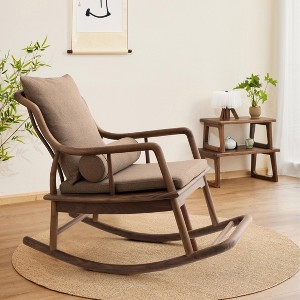 Solid Wood Rocking Chair, Walnut Recliner, Nap Chair With Removable Cushion and Pillow, Suitable for Outdoor Use - 1 of 4