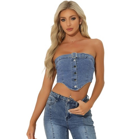 Allegra K Women's Denim Crop Strapless Sleeveless Button Corset Tube Top - image 1 of 4