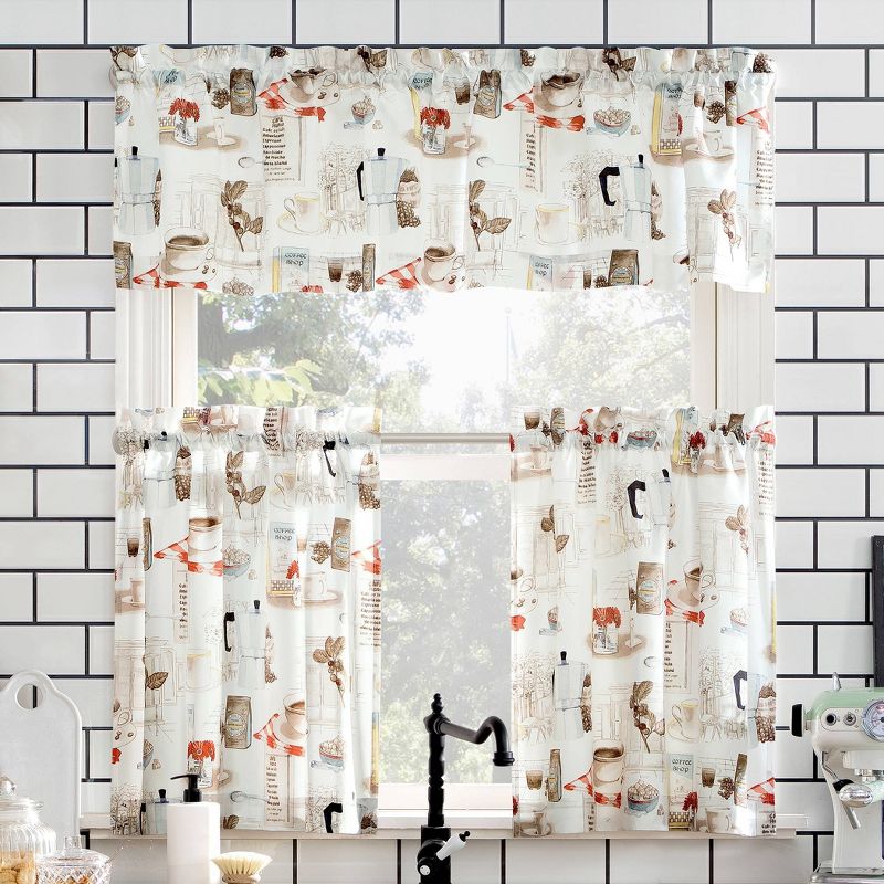 Brew Coffee Shop Semi Sheer Rod Pocket Kitchen Curtain Valance and Tiers Set White - No. 918, 1 of 10
