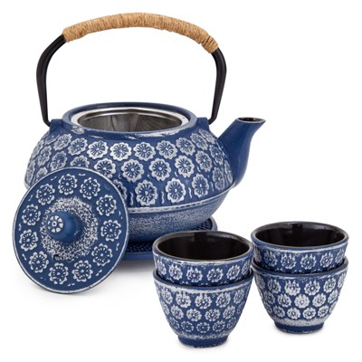 Photo 1 of Juvale Set of 6 Blue Cast Iron Floral Teapot Kettle Set, Japanese Tea Pot with Infuser, Trivet & 4 Teacups, 32 oz