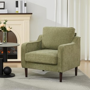 Accent Chair,Mid Century Modern Living Room Chairs, Green Upholstered Arm Chair,Comfy Breathable Linen Fabric, Sofa Chair with Wood Legs - 1 of 4