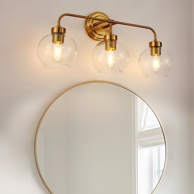 YANSUN 24 in. 3-Light Mid-Century Modern Globe Bathroom Vanity Light, Brass Gold Round Wall Fixture with Clear Glass Shades