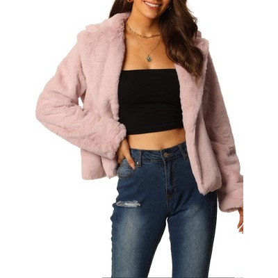 Seta T Women's Fashion Long Sleeve Faux Fur Fluffy Notch Lapel Cropped Jacket