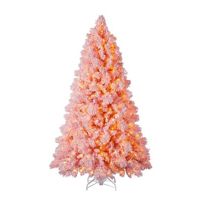 Home Heritage 6.5 Foot Pre Lit Pink Snowdrift Flocked Artificial Holiday Tree with 500 Micro Dot Warm White LED Lights and Metal Stand