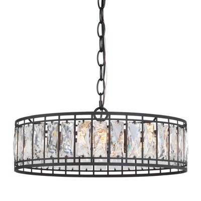 LNC Chispa 3-Light 15.5" Modern Drum Small Chandelier, Matte Black with Facted Crystal