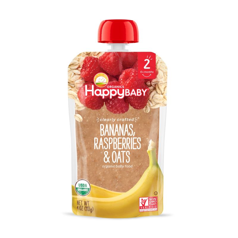 HappyBaby Clearly Crafted Bananas Raspberries & Oats Baby Food Pouch, 1 of 8