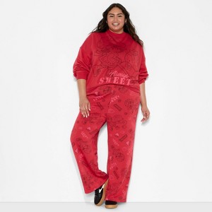 Women's Strawberry Shortcake Print Wide Leg Fleece Graphic Pants - Red - 1 of 3