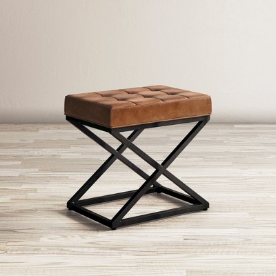 Industrial Genuine Distressed Leather Tufted Ottoman Stool